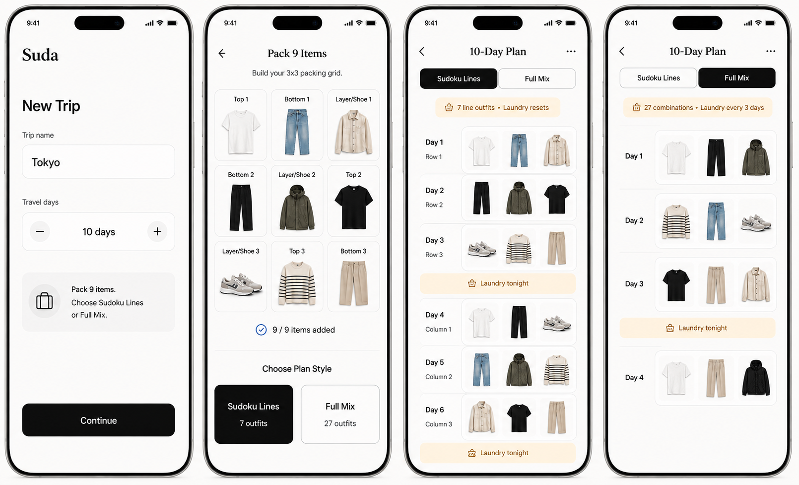 Suda Packing app screens showing new trip, 3x3 packing grid, Sudoku Lines plan, and Full Mix plan