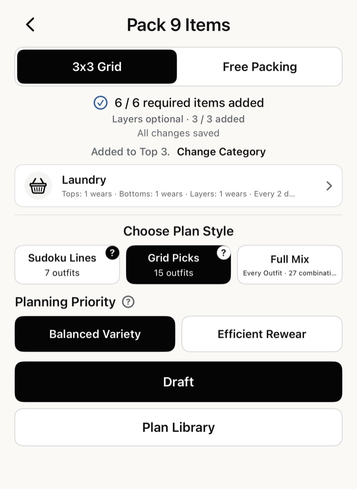 Suda Packing plan style and planning priority controls