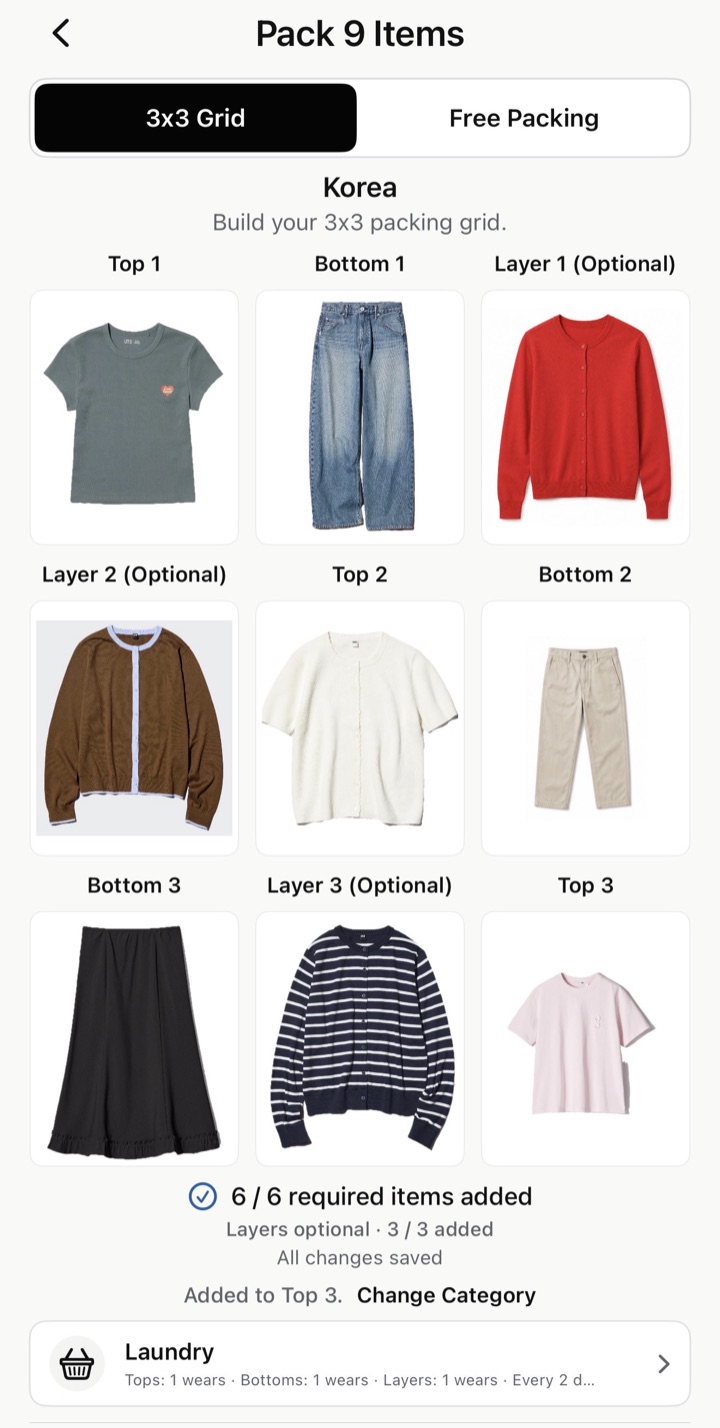 Suda Packing 3x3 clothing grid on iPhone