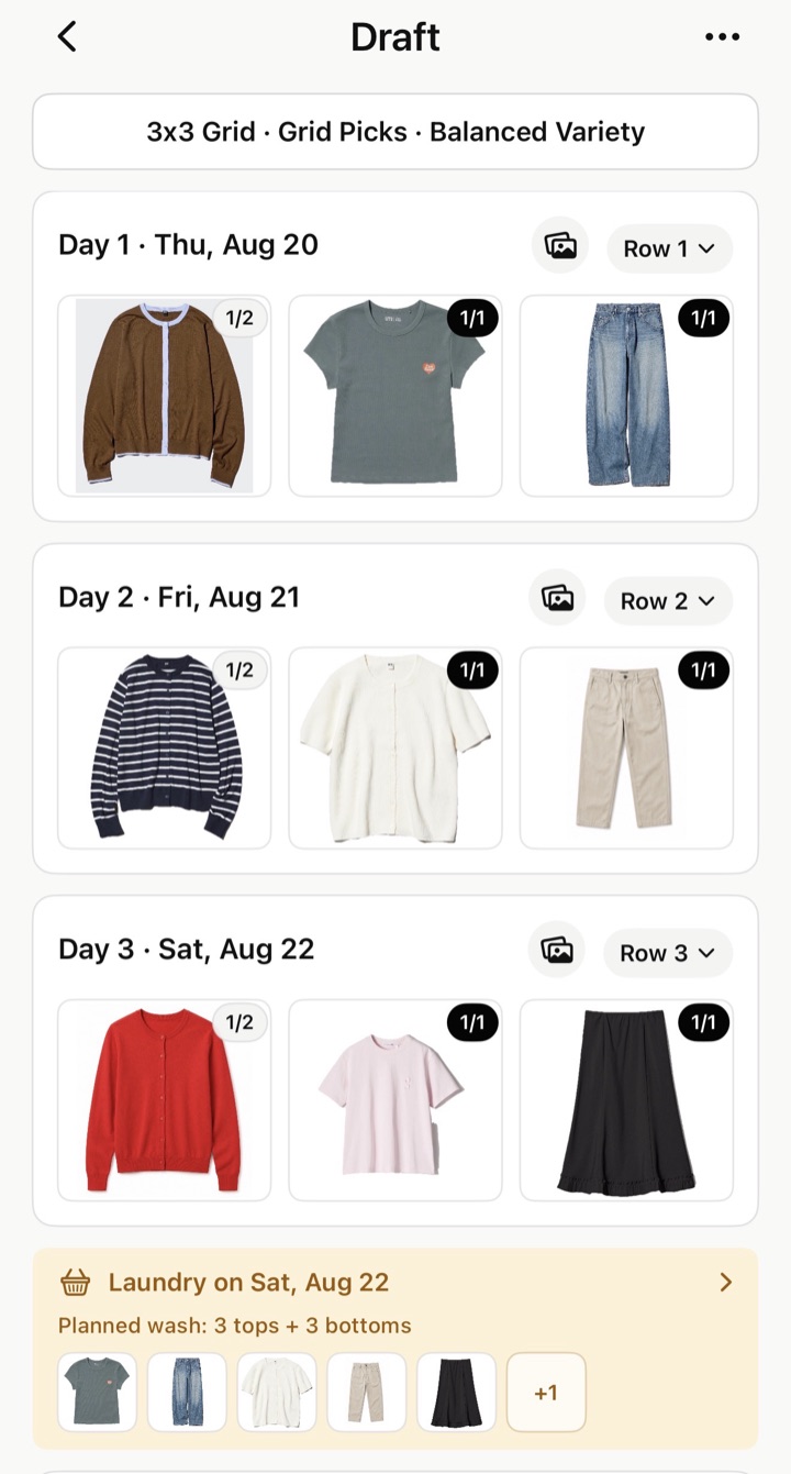 Travel outfits with wear-count badges in Suda Packing