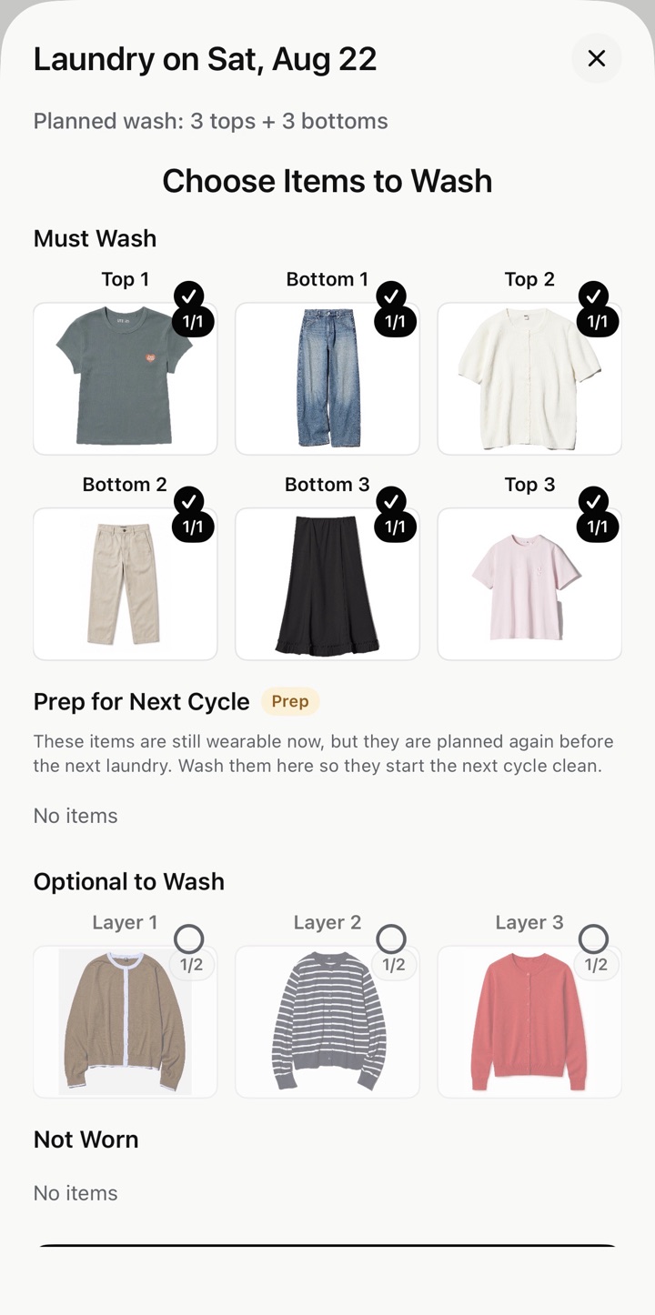 Suda Packing laundry card with clothing grouped by wash status